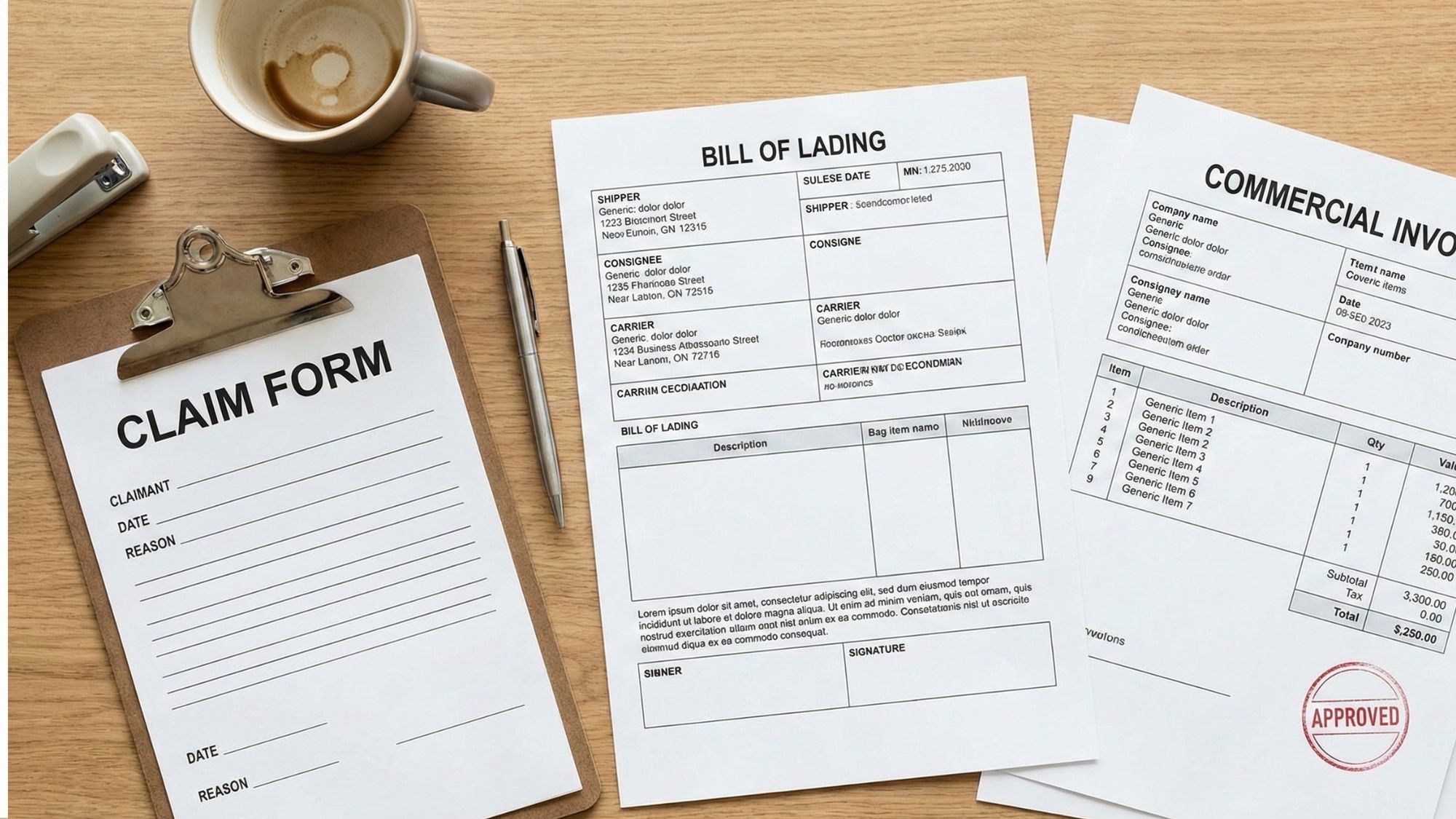 Shipping paperwork on a desk showing a bill of lading, invoice, and a clipboard labeled claim