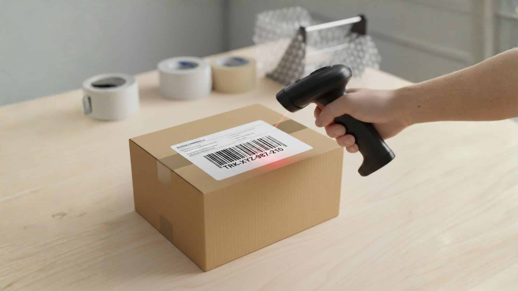 Close-up of a shipping label with a barcode and tracking number on a parcel next to a handheld scanner