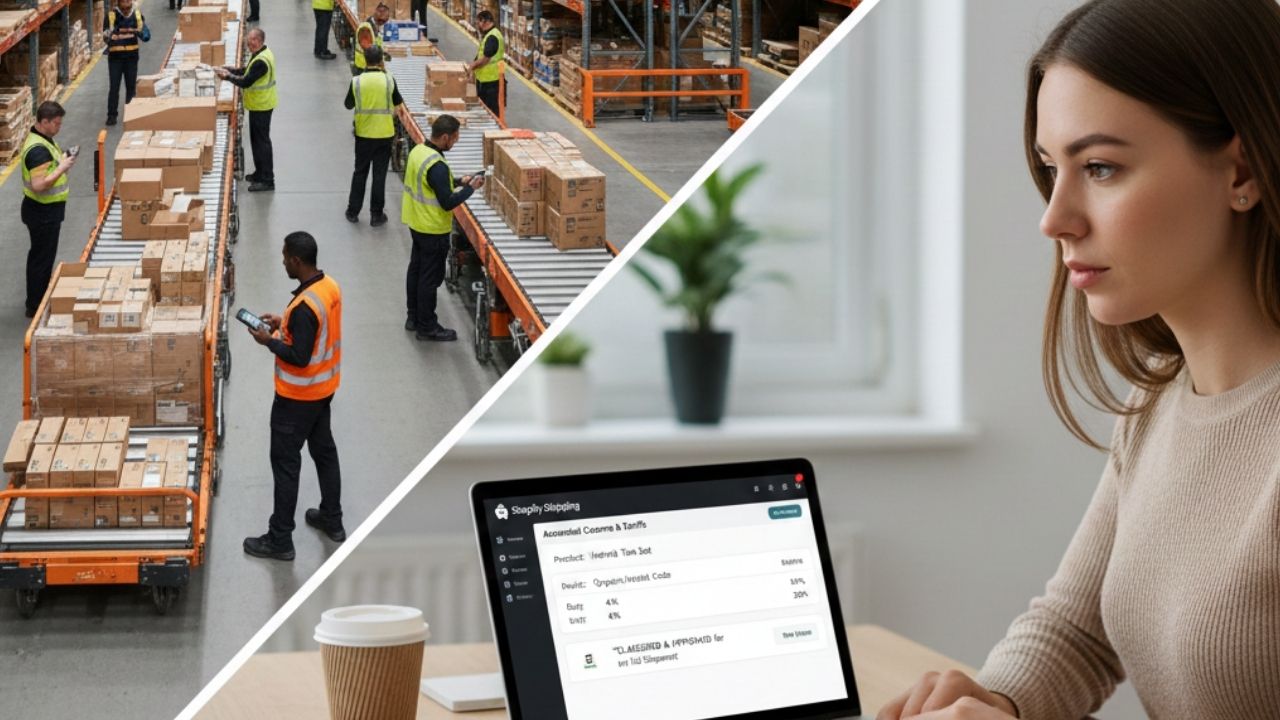 Amazon warehouse and Shopify merchant representing platform responses to 2026 Section 122 tariff increases