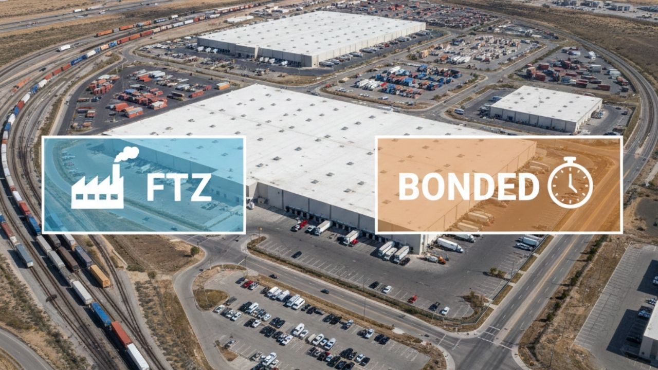U.S. warehouse aerial view with Foreign Trade Zone and bonded warehouse sections for 2026 tariff deferral strategies