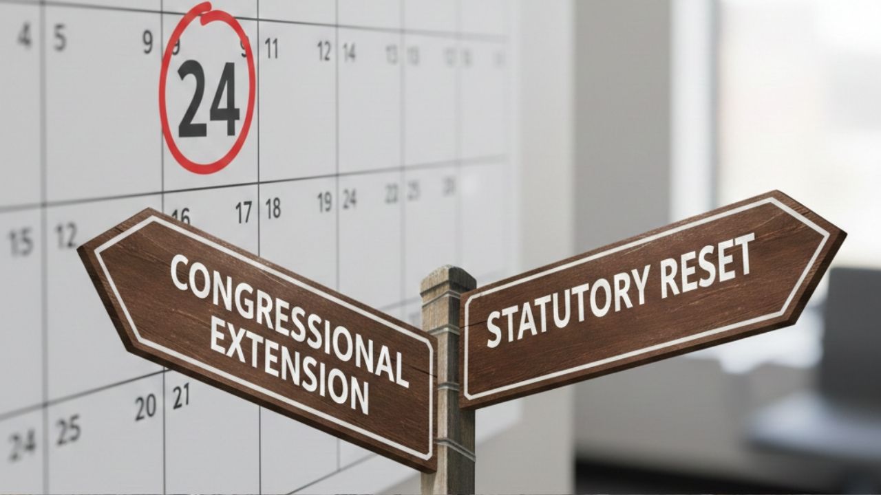 Calendar showing July 24 2026 with two road signs for Congressional extension and statutory reset of Section 122 surcharge