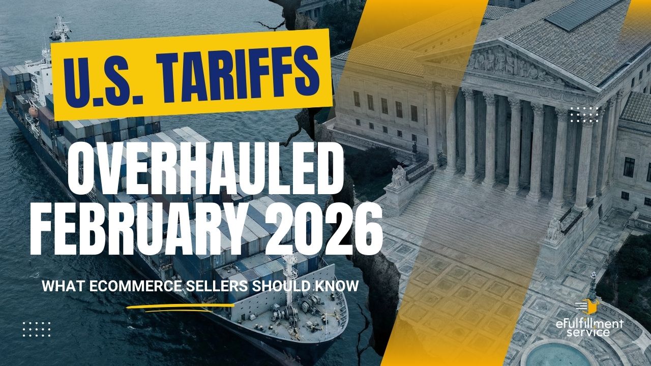 A split aerial view of a cargo ship loaded with shipping containers on one side and a U.S. courthouse (representing the Supreme Court) on the other, connected by a visual divide. Muted blues and grays. Conveys the collision between global trade and legal authority.