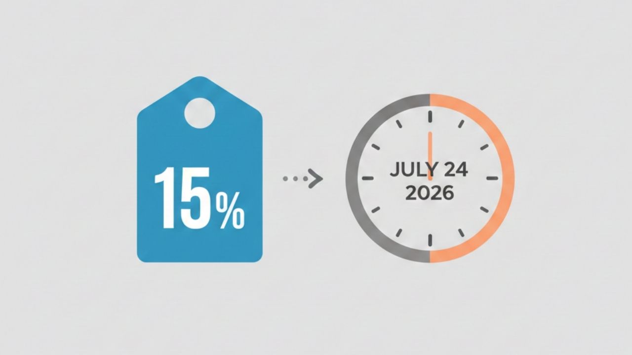15% Section 122 import surcharge price tag with July 24 2026 expiration countdown for U.S. importers
