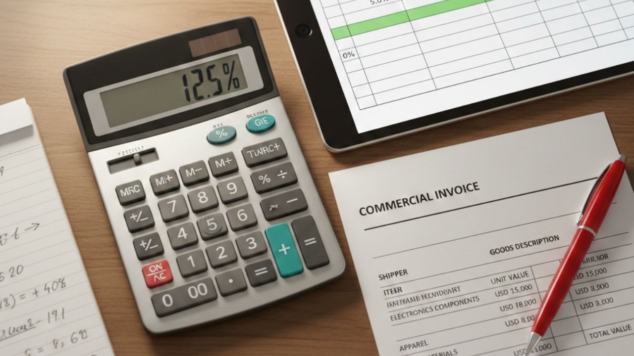 Desk with calculator and spreadsheet showing 2026 landed cost formula with stacked Section 122 and Section 301 duties