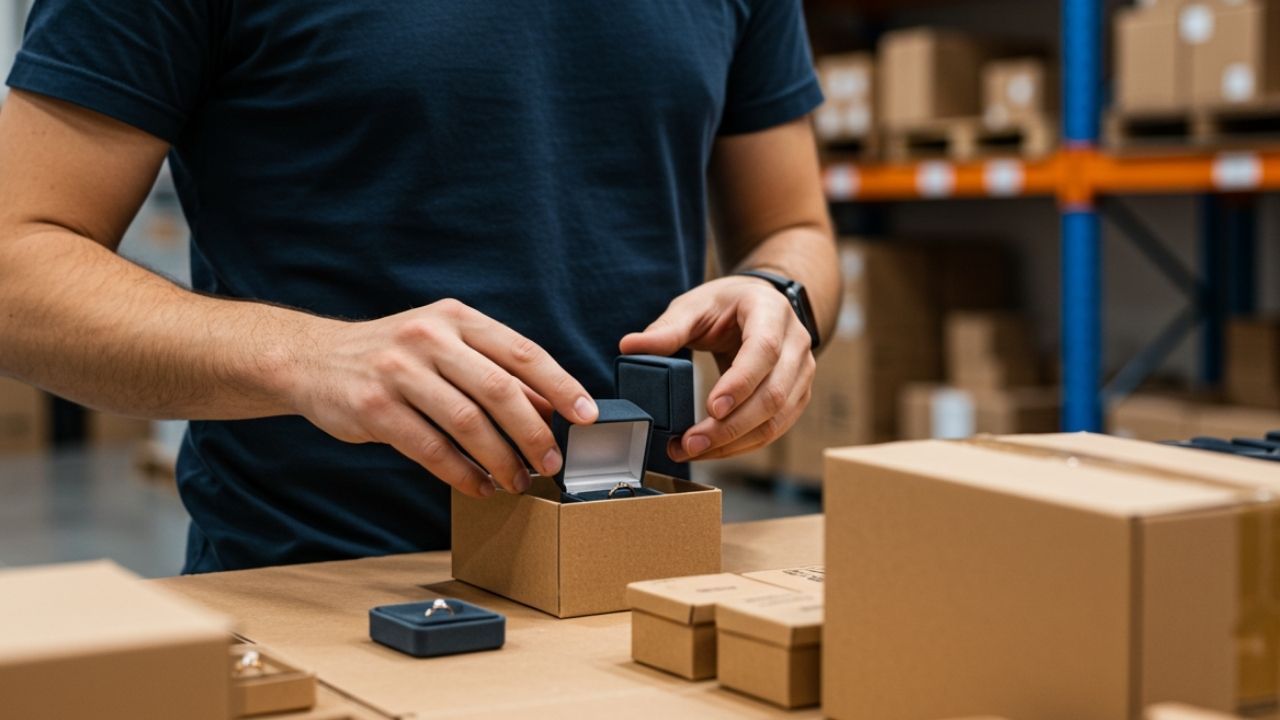 warehouse worker in blue tee shirt packing supplement into box