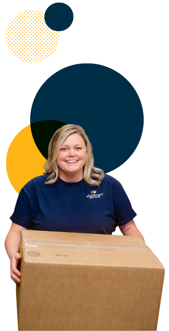 Efulfillment Service Female Blonde Employee Smiling with Box and 4 Dots