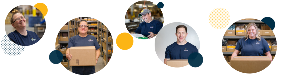 eFulfillment Service 5 Warehouse Employees with Dots In Banner